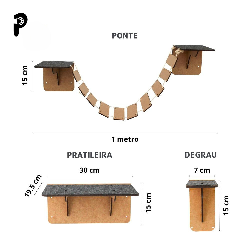 Playground Para Gatos 9 Peças Brinquedo de Gato com Arranhador Nicho Ponte Degrau Rede em MDF