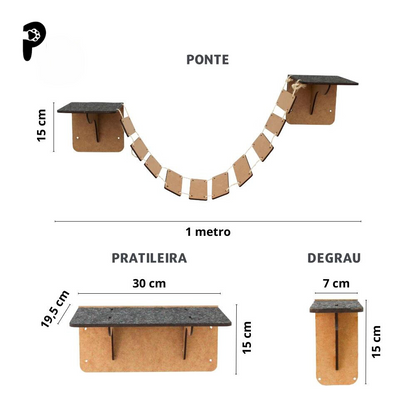 Playground Para Gatos 9 Peças Brinquedo de Gato com Arranhador Nicho Ponte Degrau Rede em MDF