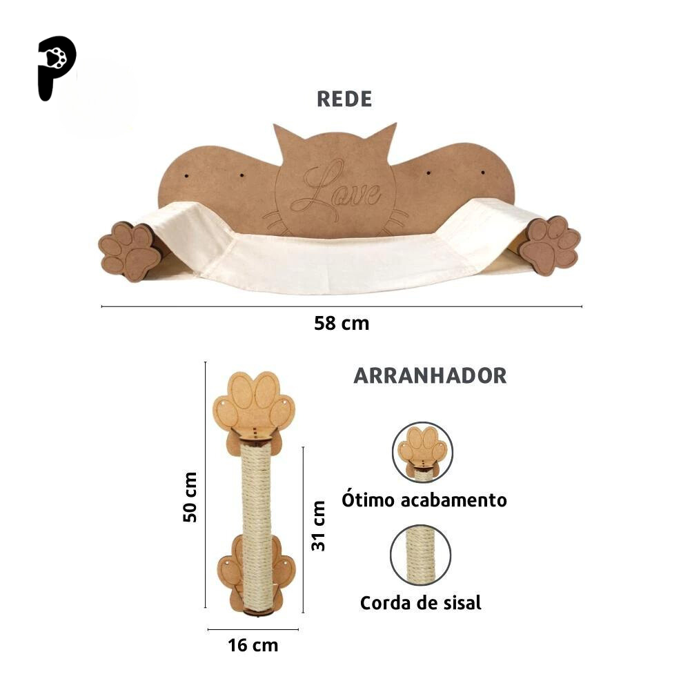 Playground Para Gatos 9 Peças Brinquedo de Gato com Arranhador Nicho Ponte Degrau Rede em MDF