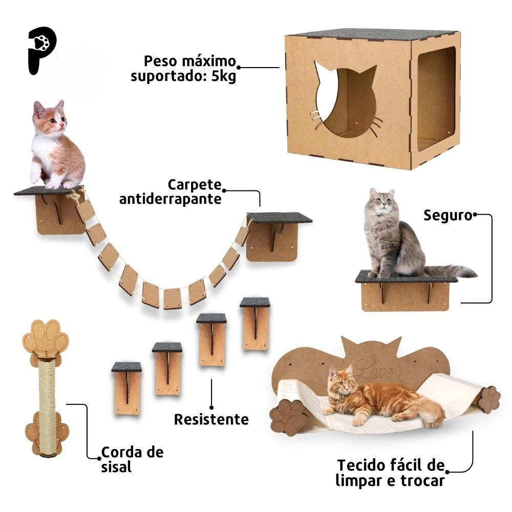 Playground Para Gatos 9 Peças Brinquedo de Gato com Arranhador Nicho Ponte Degrau Rede em MDF