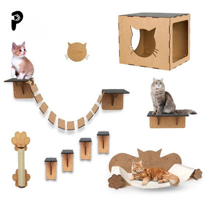 Playground Para Gatos 9 Peças Brinquedo de Gato com Arranhador Nicho Ponte Degrau Rede em MDF